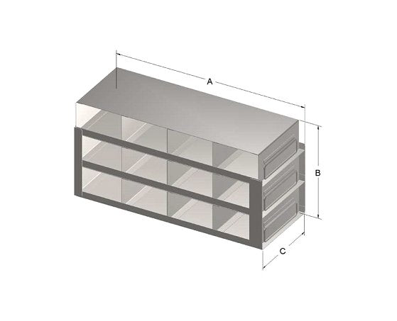Custom Biogenic Systems - UFR56-50HT - Upright Stainless Steel Drawer Racks for 2" High, 50 Cell Hinged Top Plastic Boxes, 30 Boxes (18.42"D X 14.69"H X 5.87"W)