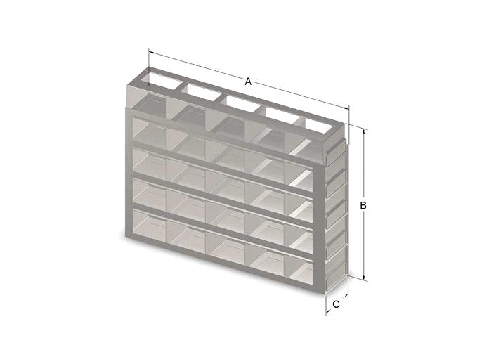 Custom Biogenic Systems - UFR65M - Upright Stainless Steel Drawer Racks for 2" High, 25 Cell Plastic or Cardboard Mini Boxes with Handles, 30 Boxes (19.05"D X 12.12"H X 3.31"W)