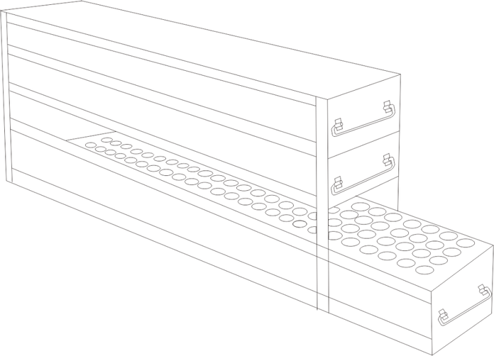 UFD-22 - Rack with 2 Drawers for Standard 2" Cardboard Boxes & 1 Drawer for Storage Bottles