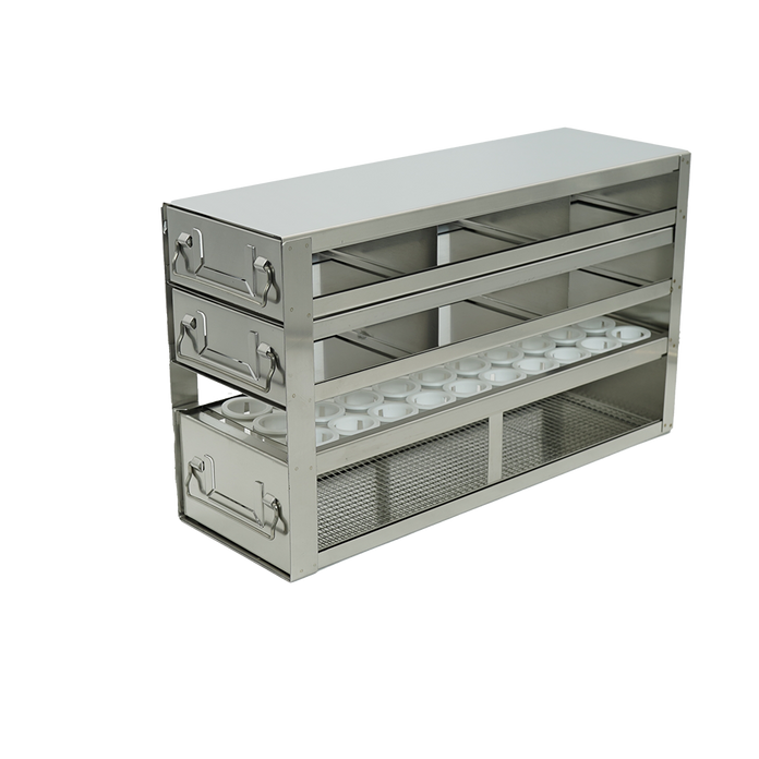 UFD-22 - Rack with 2 Drawers for Standard 2" Cardboard Boxes & 1 Drawer for Storage Bottles