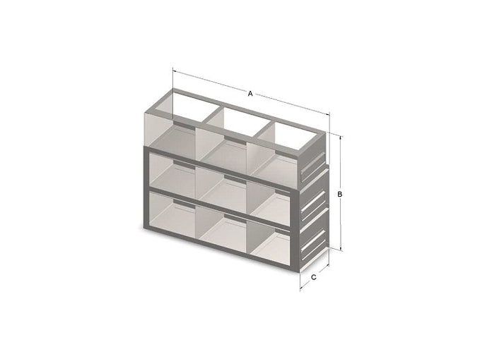 Custom Biogenic Systems - UFR333-87 - Upright Stainless Steel Drawer Racks with Handles for Standard 3.75" High Boxes, 9-Box (3 Long 3 High)