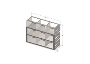 Custom Biogenic Systems - UFR343-87 - Upright Stainless Steel Drawer Racks with Handles for Standard 3.75" High Boxes, 12-Box (3 Long 4 High)