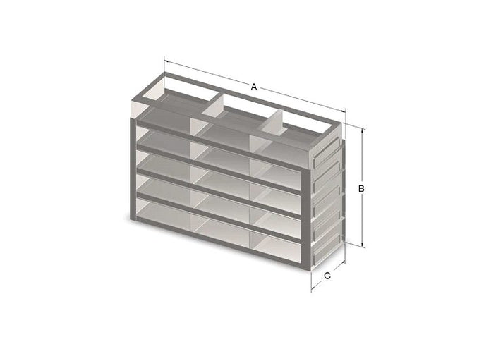 Custom Biogenic Systems - UFR532L - Upright Stainless Steel Drawer Racks with Handles for Large 2" High Boxes, 15-Box (5 Long 3 High)
