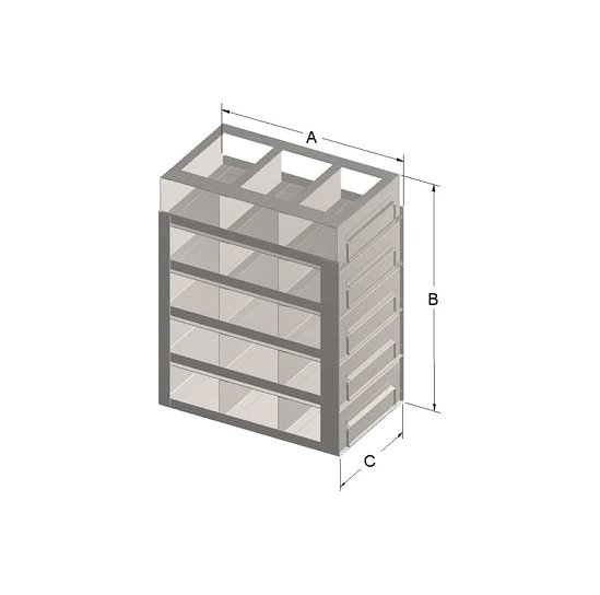 Custom Biogenic Systems - UFR462-50L - Upright Stainless Steel Drawer Racks for 2" High, 1.5ml 50-Cell Plastic or Cardboard Boxes with Handles, 24 Boxes (12.8"D X 14.58"H X 6"W)