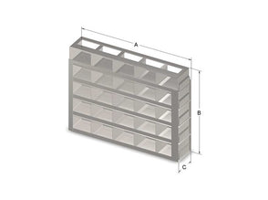 Custom Biogenic Systems - UFR83M - Upright Stainless Steel Drawer Racks for 2" High, 25 Cell Plastic or Cardboard Mini Boxes with Handles, 24 Boxes (25.42"D X 7.2"H X 3.31"W)