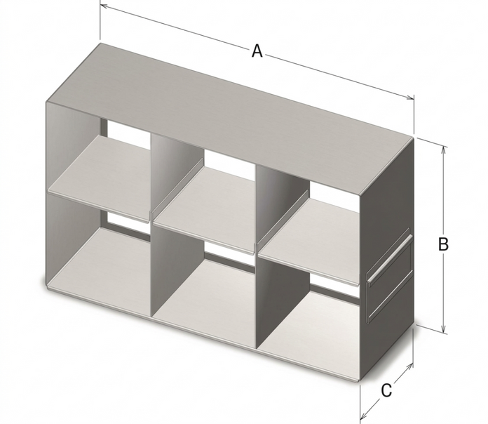 Custom Biogenic Systems - ULB-P - Upright Stainless Steel Freezer Rack for 4.96" High Plastic Boxes Containing 15ml & 50ml Tubes with Handles