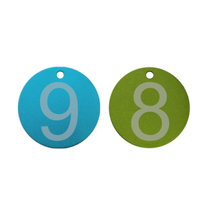 Crystal Industries - TAG-N-X - Colored Aluminum Tags (2" Diameter) with Engraved 1" Tall Black Numbers