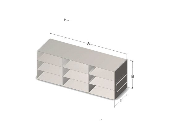 Custom Biogenic Systems - UHT34 - Upright Stainless Steel Freezer Rack for 2" High, 100 Cell Hinged Top Plastic Boxes with Handles, 12 Boxes (19"D X 9.22"H X 5.875"W)