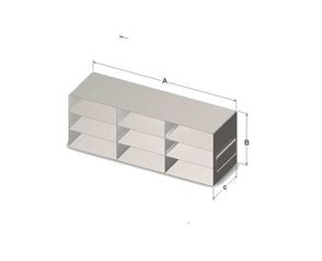 Custom Biogenic Systems - UHT26 - Upright Stainless Steel Freezer Rack for 2" High, 100 Cell Hinged Top Plastic Boxes with Handles, 12 Boxes (12.87"D X 13.78"H X 5.88"W)