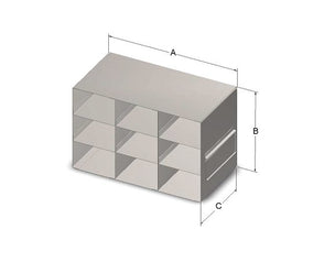 Custom Biogenic Systems - UHT63-50HT - Upright Stainless Steel Freezer Rack for 2" High, 50-Cell Hinged Top Plastic Boxes with Handles, 18 Boxes (22"D X 6.97"H X 5.88"W)