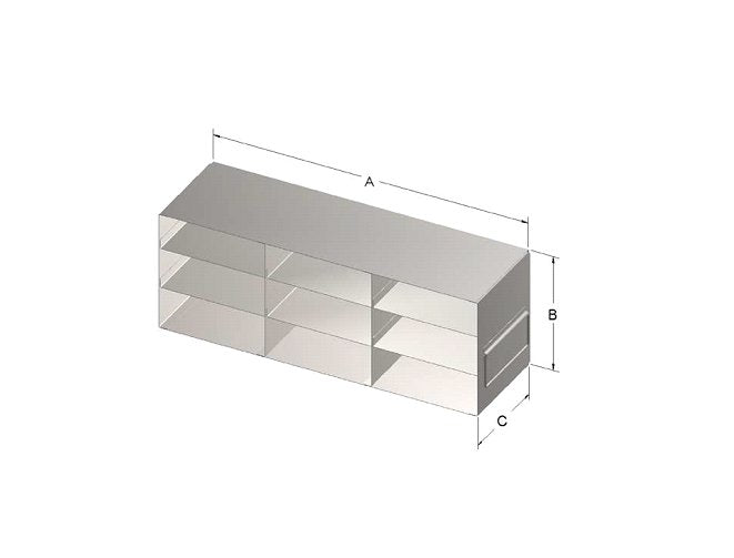 Custom Biogenic Systems - UM-1-5 - Upright Stainless Steel Freezer Rack for 3" High, 1.5ml 50 Cell Plastic Microtube Boxes with Handles