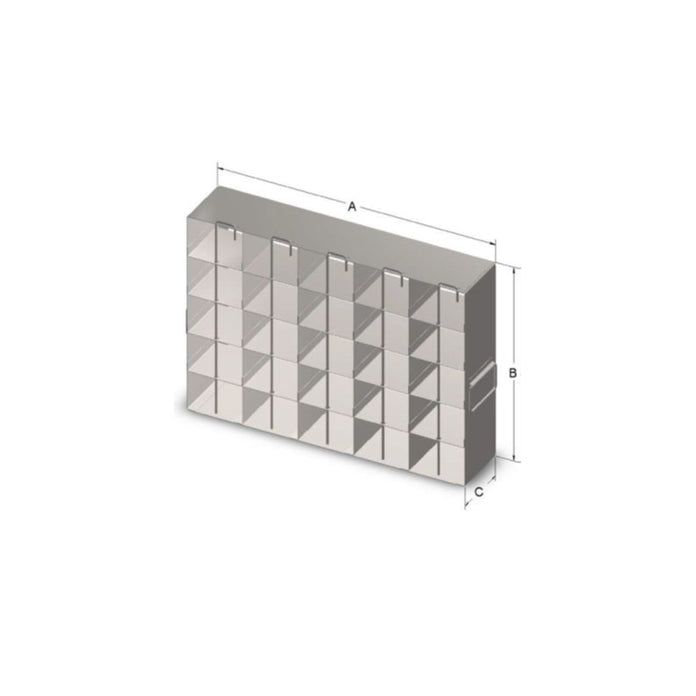 Custom Biogenic Systems - URO54MLR - Upright Stainless Steel Freezer Racks for 2" High, 25-Cell Plastic or Cardboard Mini Boxes with Locking Rods and Handles, 20 Boxes with Locking Rods (16.15"D X 9.35"H X 3.38"W)