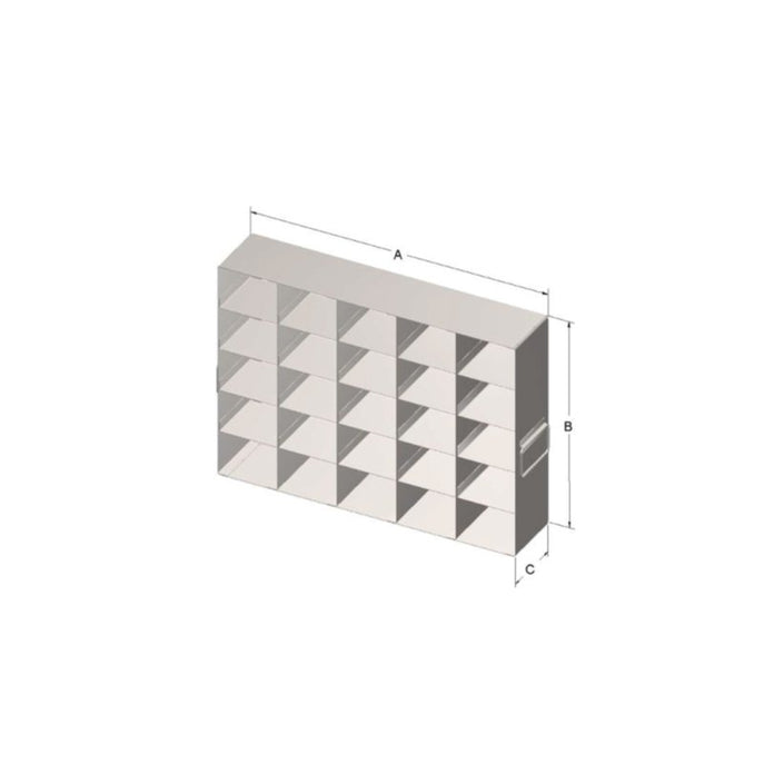 Custom Biogenic Systems - URO-M - Upright Stainless Steel Freezer Racks for 2" High, 25-Cell Plastic or Cardboard Mini Boxes with Handles