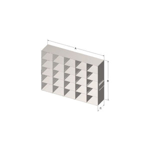 Custom Biogenic Systems - URO76M - Upright Stainless Steel Freezer Racks for 2" High, 25-Cell Plastic or Cardboard Mini Boxes with Handles, 42 Boxes (22.42"D X 12.6"H X 3.38"W)