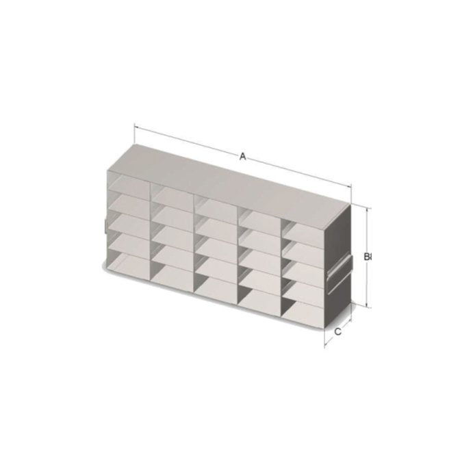 Custom Biogenic Systems - USB38-25 - Upright Stainless Steel Freezer Rack for 1.312" High, 25-Place Slide Boxes with Hanldles (10.82"D X 12.6"H X 4.13"W)