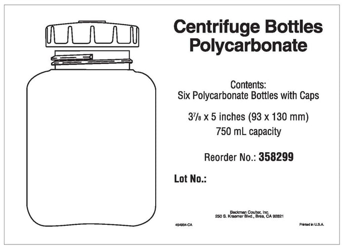 Beckman Coulter - 358299 - 750ml, Polycarbonate Bottle with Screw-On Cap, 96 x 130mm - 6PK